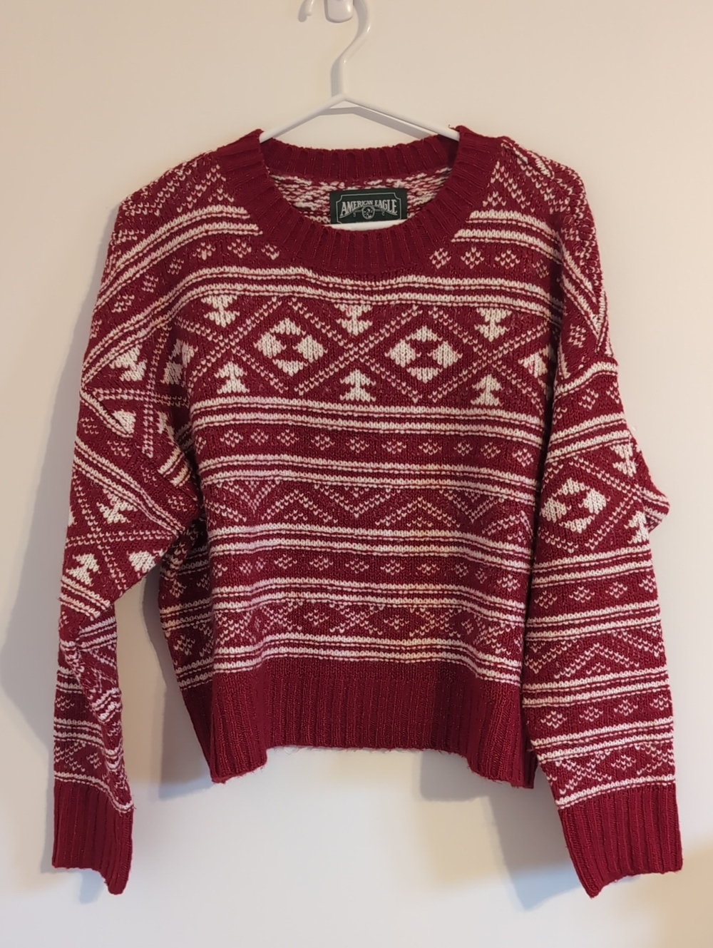 American Eagle Outfitters Red & White Fair Isle Crewneck Sweater